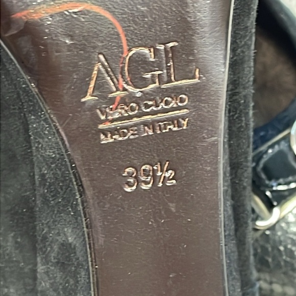 AGL Cap Toe Buckle Ballet Shoes Low Wedge Shimmer Silver Black Sz 39.5 - Picture 8 of 11